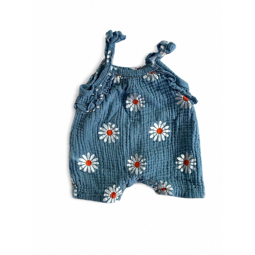 Boutique Daisy Muslin Romper 0–3M Blue Floral Tie Strap Bubble Romper